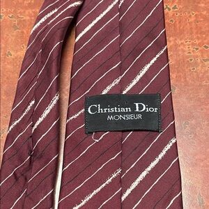 Dior Maroon and White Diagonal Striped Tie